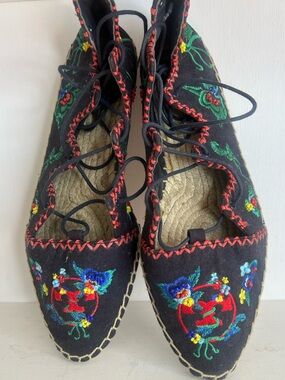 Tory Burch Embroidered Espadrille Lace-Up Flats Size 8 Boho Floral